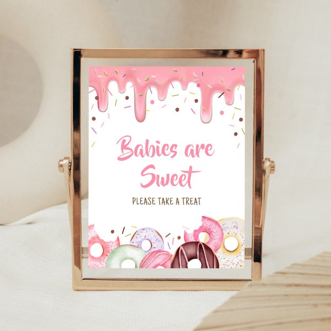 Poster Donuts et diaphères Saupoudrer les bébés sont doux (Pink Donuts Girl Baby Shower Babies are Sweet Sign)