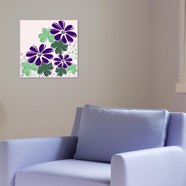 Poster Doodle Abstrait vert et violet et trèfle et fleurs (Abstract Green and Purple Clover & Flower Doodle Poster)