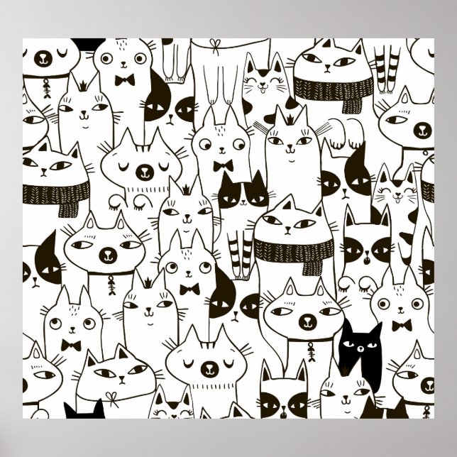 Poster Doodle chats : drôle de motif sans soudure. (Devant)