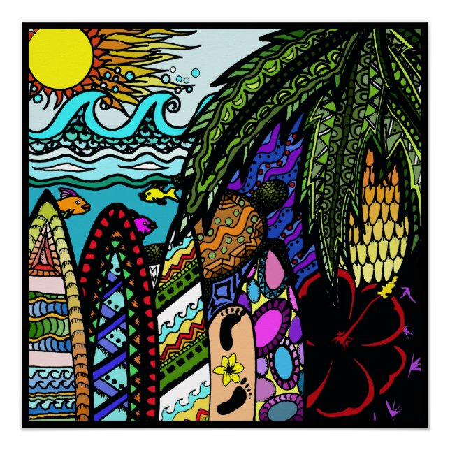 Poster Doodle d'encre hawaïenne, couleur (Devant)