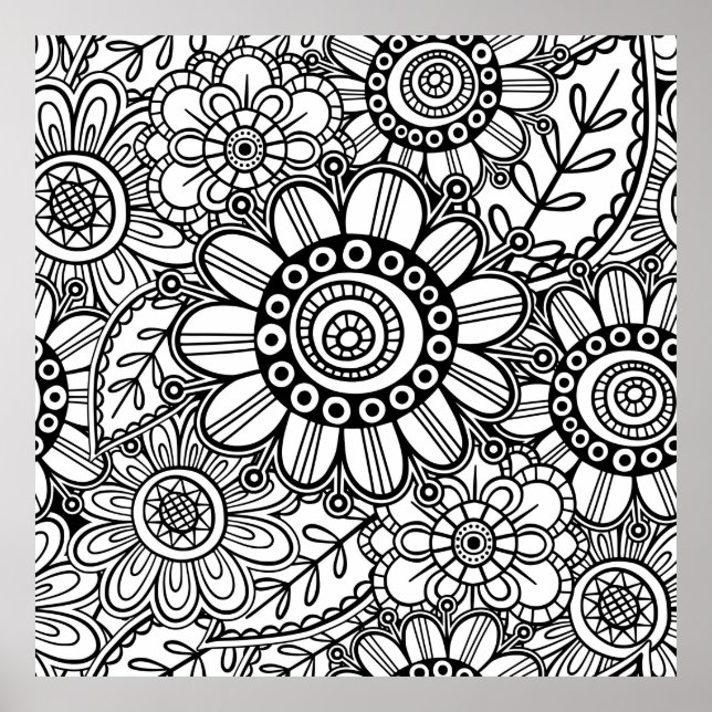 Poster Doodle Folk Art Floral Line Motif (Devant)