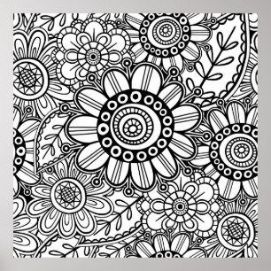 Poster Doodle Folk Art Floral Line Motif de dessin