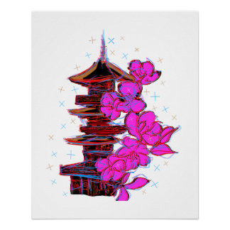 Poster Doodle japonés: La belleza serena de una pagoda
