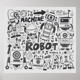 Poster doodle robot élément, illustrateur ligne outils ti