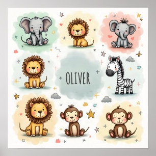 Poster Doodles d'animaux de safari aquarelle mignons