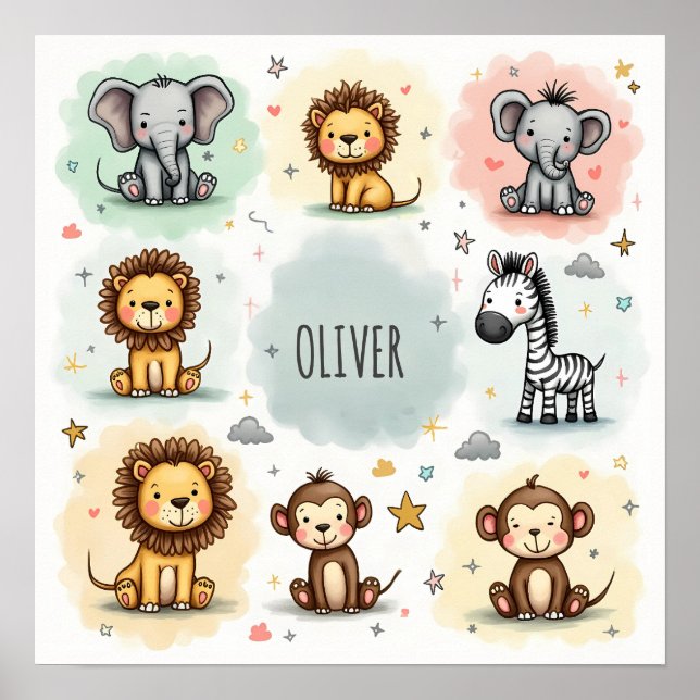 Poster Doodles d'animaux de safari aquarelle mignons (Devant)