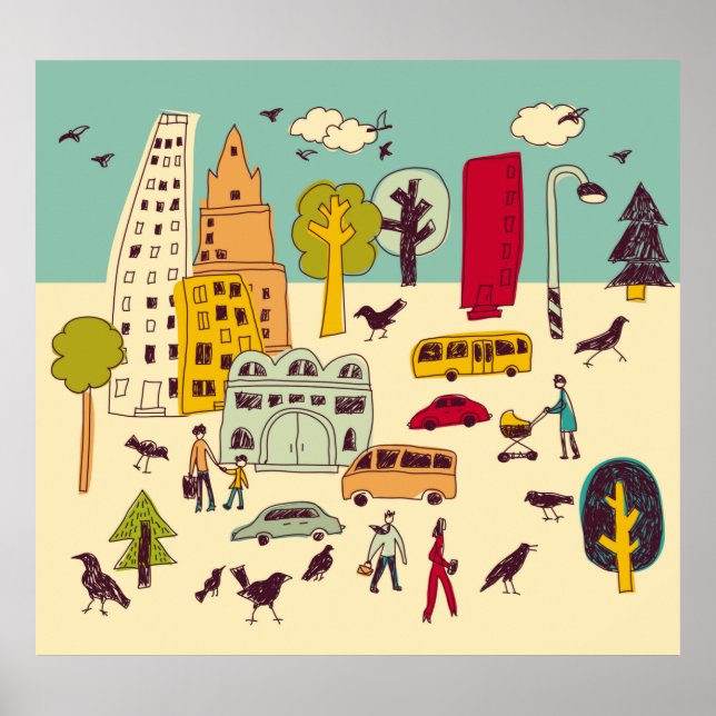 Poster Doodles paysage de parc urbain promenade couleur v (Devant)