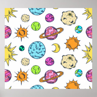 Poster Doodles spatiaux Arrière - plan cosmique