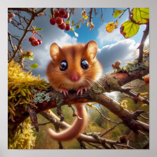 Poster Dormouse de Hazel adorable dans un arbre boisé (Devant)