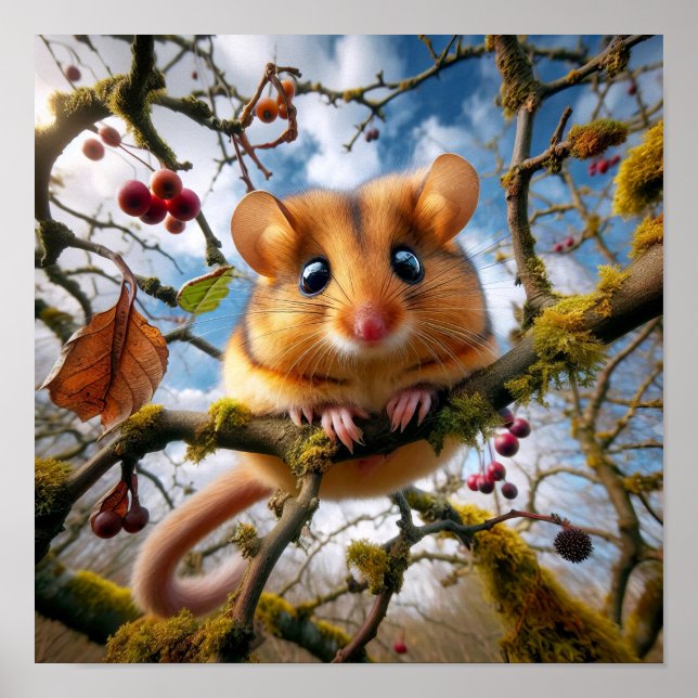 Poster Dormouse de Hazel adorable dans un arbre boisé (Devant)