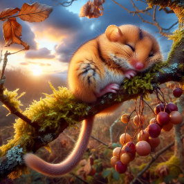 Poster Dormouse de Hazel adorable dans un arbre boisé