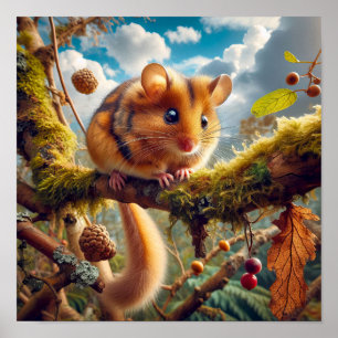 Poster Dormouse de Hazel adorable dans un arbre boisé