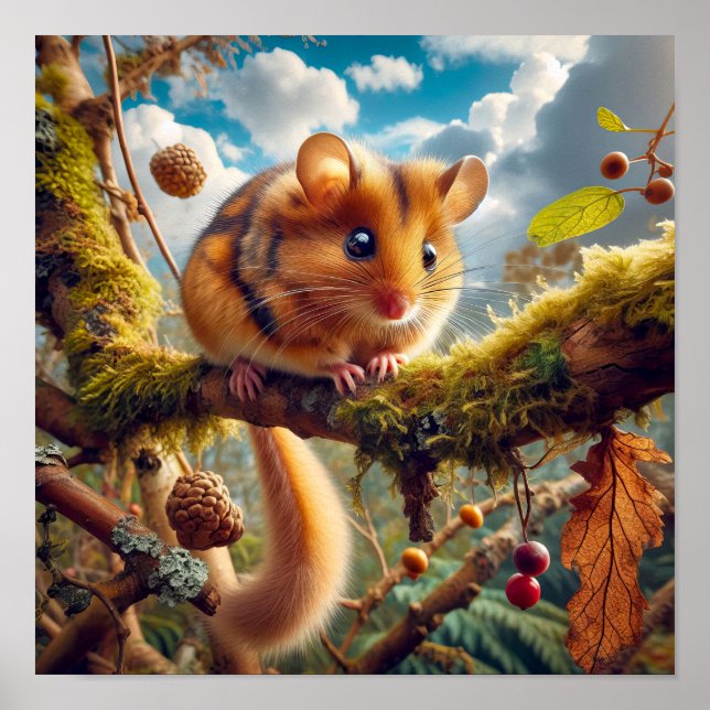 Poster Dormouse de Hazel adorable dans un arbre boisé (Devant)