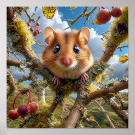 Poster Dormouse de Hazel adorable dans un arbre boisé
