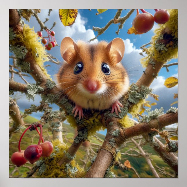 Poster Dormouse de Hazel adorable dans un arbre boisé (Devant)
