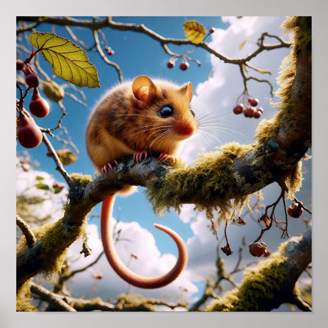 Poster Dormouse de Hazel adorable dans un arbre boisé (Devant)