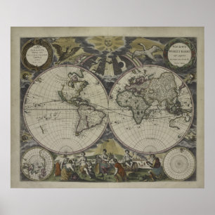Poster Double carte 1672 du monde d'hémisphère