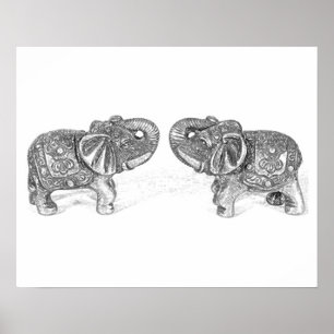 Poster Double éléphant de Feng Shui - B&W