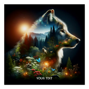 Poster Double exposition de loup mignon Imaginaire