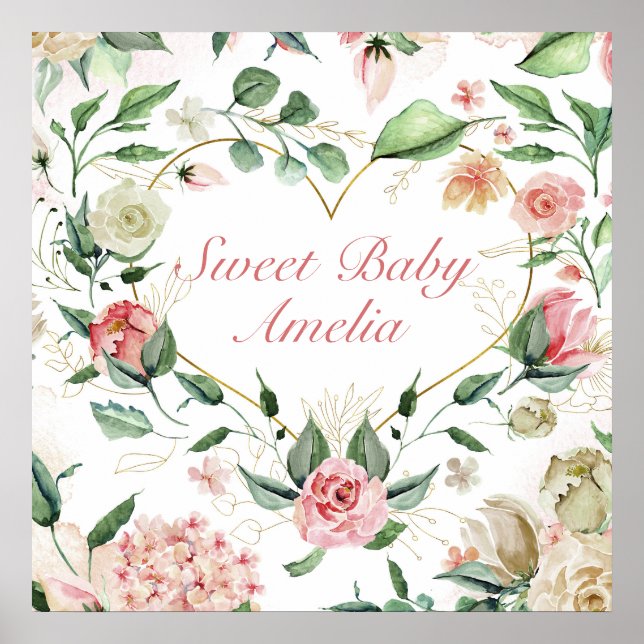 Poster Douce Bébé Aquarelle Florale Coeur Bouquet Nursery (Devant)