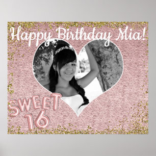 Poster Douce Fête d'anniversaire Photo Cœur Rose Or 16 an