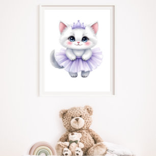 Poster Douce Princesse Chaton Blanc en Tutu Violet Royal