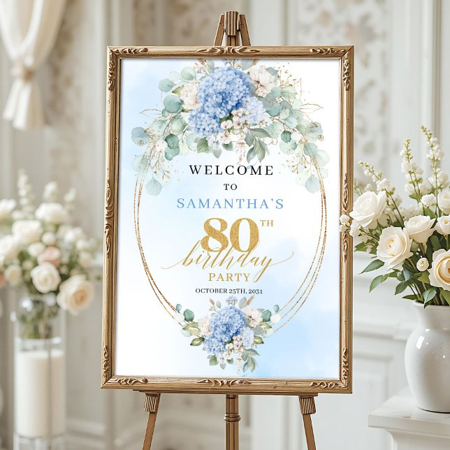 Poster Douces hydrangeas bleues boho or 80 ans de bienven (Soft Blue Boho Gold Hydrangeas 80th birthday welcome)