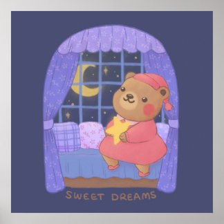 Poster Douces Rêves: Illustration d'ours en peluche