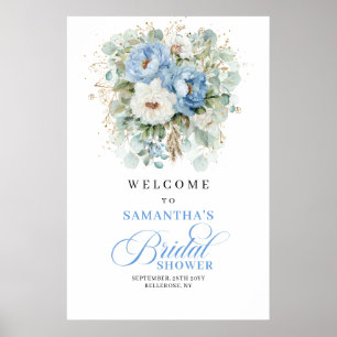 Poster Douche bleue blanche pivoine florale dorée pour un