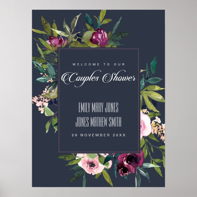 POSTER DOUCHE DE COUPLES FLORAUX BURGUNDY MARINE NOIR BIE (Devant)