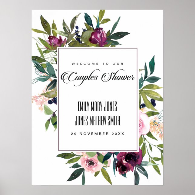 POSTER DOUCHE DE COUPLES FLORAUX ROSE BURGUNDY ROSE BIENV (Devant)