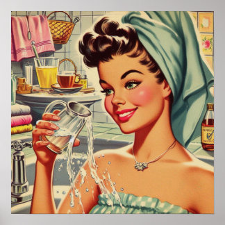 Poster Douche vintage fille vers le haut