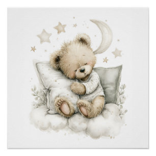 Poster Doux bébé ours profondément endormi sur des nuages