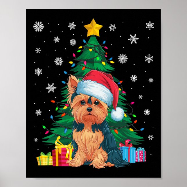 Poster Doux moche sapin de Noël éclaire Yorkie Chien Sant (Devant)