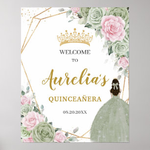 Poster Doux Sage Vert rose Floral Quinceañera Bienvenue