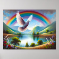 Dove volant sous un arc-en-ciel