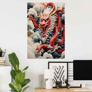 Poster Dragon à souffle de feu rouge et blanc