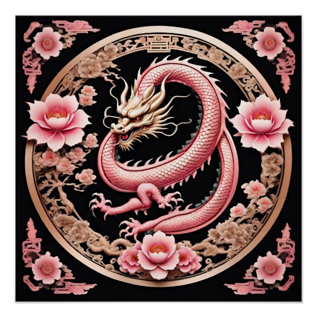 Poster Dragon aux fleurs roses (Devant)
