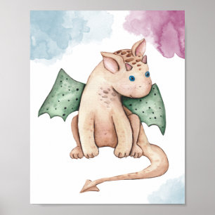 Poster Dragon bébé aquarelle pour une nurserie fantaisist