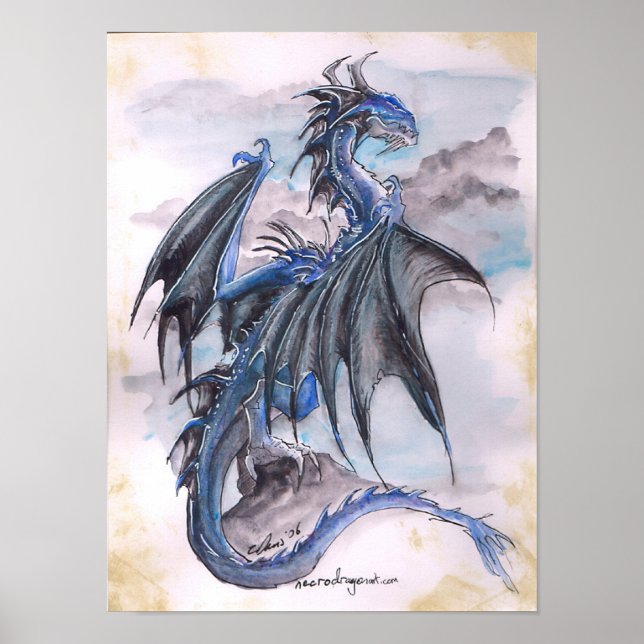 Poster Dragon bleu - aquarelles (Devant)