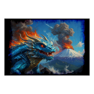 Poster Dragon bleu chinois et volcan