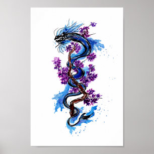 Poster Dragon bleu et fleurs violettes