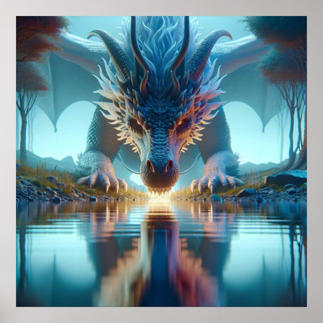 Poster Dragon Bleu Mystique Reflection dans l'eau (Devant)