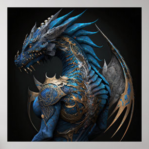 Poster Dragon bleu vapeur avec ailes métalliques IA art