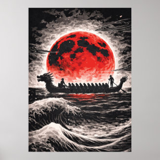 Poster Dragon Boat Race Team Paddling In Red Moon Horizon