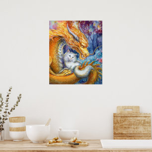 Poster Dragon & Chat Blanc dans l'Eau-Forte d'Art Fin en