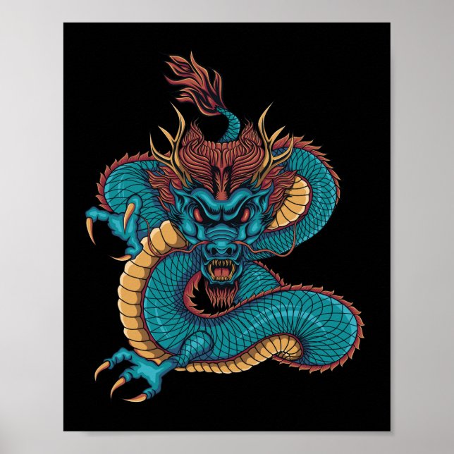 Poster dragon chinois bleu (Devant)