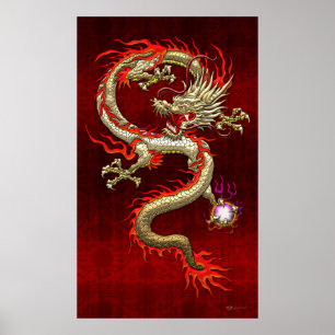 Poster Dragon chinois d'or Fucanglong sur la soie rouge