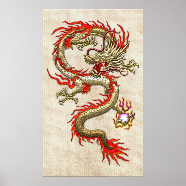 Poster Dragon chinois d'or Fucanglong sur papier de riz (Devant)