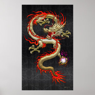 Poster Dragon chinois d'or Fucanglong sur soie noire